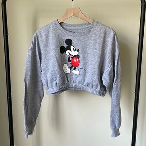 Forever 21 x Disney Mickey Mouse Cropped Fleece Crewneck Pullover in Grey